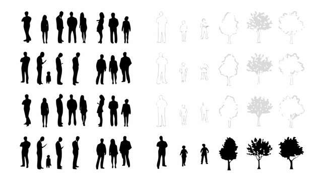 Diverse group of people outlines and silhouettes with trees add dimension to architectural plans and illustrations, perfect for urban planning projects