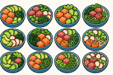 Cartoon Poke Bowl Illustration with Colorful Ingredients and Playful Culinary Styling