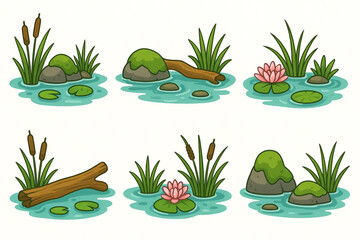 Wetland Scene Cartoon Illustration with Aquatic Plants, Logs, and Water Lilies