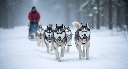 Husky sled dog team racing through snowy winter forest landscape adventure extreme sports winter wonderland snowy trail cold weather arctic wilderness northern lights dog sledding competition