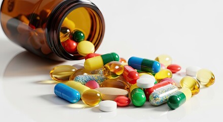 A variety of colorful pills and capsules scattered on a white surface.