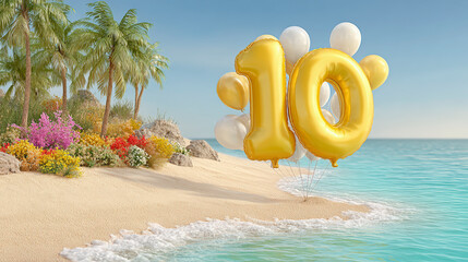 Golden number "10" balloons floating on a serene beach with palm trees, colorful flowers, and crystal-blue water.