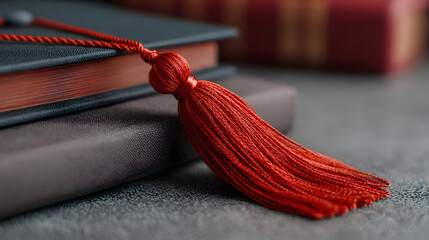A close-up of a red academic tassel resting atop books, symbolizing educational success.