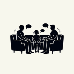 Family counseling session, parents and child communicating openly on sofa, fostering understanding and connection