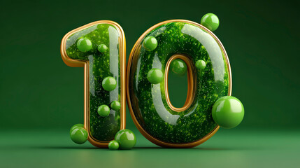 The number 10 depicted in a glossy, green texture with small spheres, set against a green background.