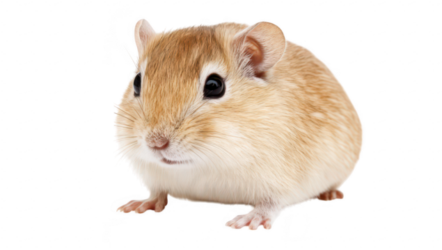 A close-up view of a cute. fluffy gerbil with soft fur and bright eyes. posed on a clean white background. its playful demeanor and natural curiosity