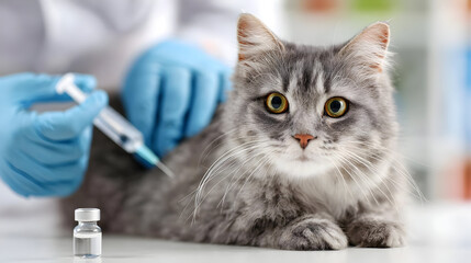 A grey cat receiving a vaccination from a veterinarian in a clinic setting.