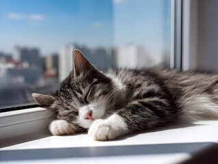 A fluffy cat peacefully sleeping on a sunny windowsill, surrounded by city views.