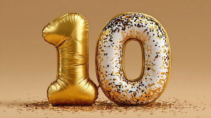 Golden "1" and a donut-shaped "0" balloon with a sprinkled pattern against a neutral background, symbolizing a festive occasion or anniversary.