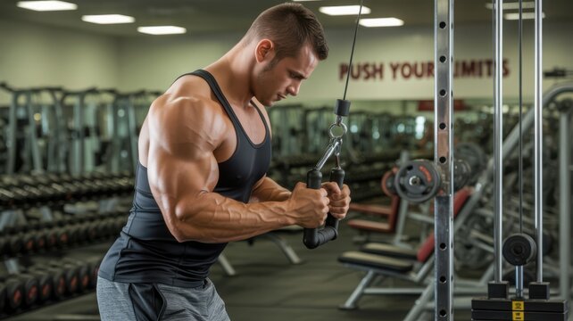 Muscular man exercising in gym, triceps pushdown workout, fitness lifestyle