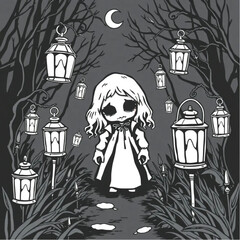 A haunted doll lurking in the shadows in a dark enchanted garden surrounded by rusty lanterns.