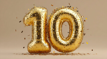 Golden balloon numbers "10" with sparkling confetti, celebrating a milestone or anniversary on a neutral backdrop.