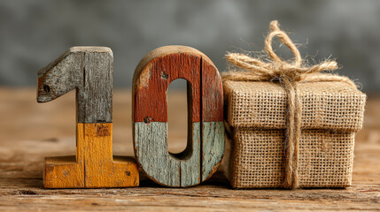 Wooden number 10 beside two small burlap-wrapped gift boxes tied with twine, suggesting a rustic, celebratory theme of anniversary or milestone.