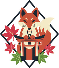 Obraz premium Japanese Fox Spirit Torii Gate Autumn Leaves Illustration.
