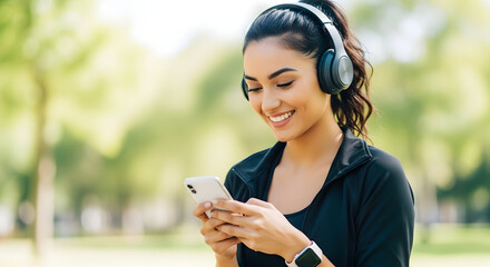Smiling woman in park using smartphone and headphones enjoying music fitness active lifestyle technology wellbeing healthy habits summer day outdoor workout