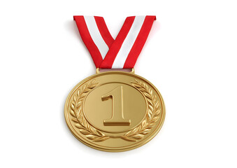 A gold medal with a red and white ribbon symbolizes victory and achievement.