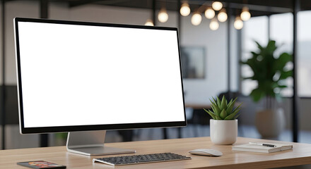 A modern office workspace with a sleek black desktop computer, a white plant, and a wooden desk in a spacious, well-lit room with large windows and a view of the city skyline.