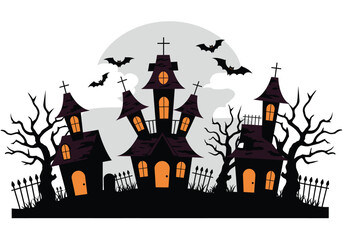 Vector art of eerie Halloween scene with haunted houses, bats, and bare trees silhouetted against a gray sky, creating a spooky and festive atmosphere for the holiday season