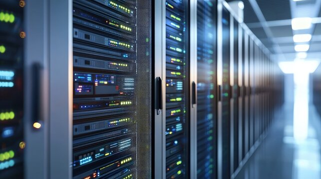 Modern futuristic data center with close up of glowing server racks and digital lights for IT infrastructure, AI computing, cloud storage, and cybersecurity technology use