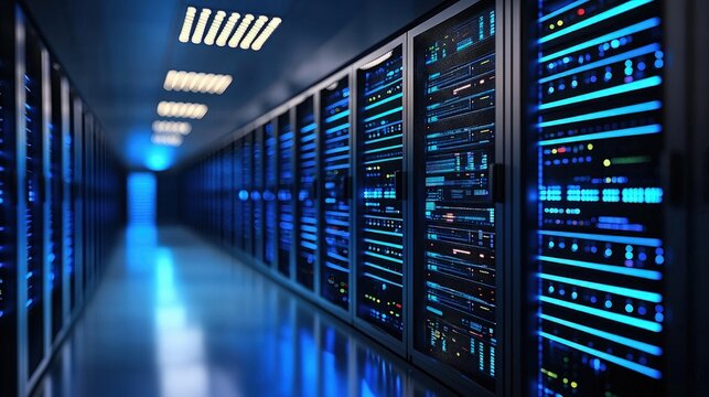 Futuristic data center corridor with glowing blue server racks and digital lights for IT infrastructure, AI computing, cloud storage systems, and cybersecurity presentations