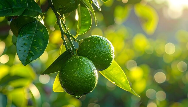 A close-up of two vibrant, green citrus fruits hanging from a tree branch, glistening with water droplets, bathed in sunlight - Powered by Adobe