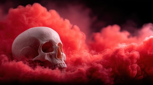 Human skull with red smoke and dramatic lighting in dark setting, spooky Halloween banner with copy space