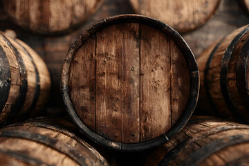 A detailed view of rustic wooden barrels stacked in a cellar background.