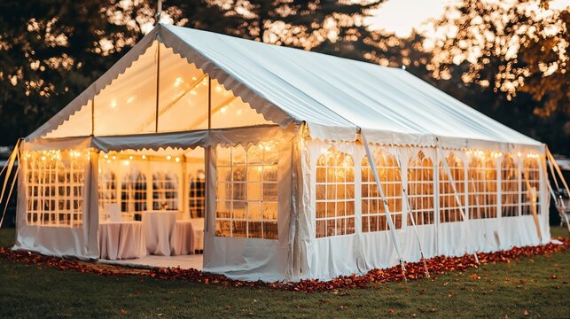 Elegant outdoor tent lit by string lights