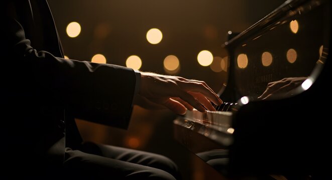 A Close-Up of a Man's Hands Playing a Grand Piano on a Dark Stage with Bokeh Lights