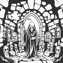 A grim reaper staring through cracked windows in a ancient stone circle surrounded by haunted portraits.