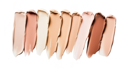 A array of skin tone foundation swatches displayed in a neat line on a white background. diversity in shades for makeup applications and beauty product marketing
