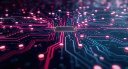 Fototapeta premium Intricate circuit board design with glowing components, showcasing a central processor chip.