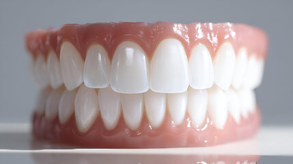 Obraz premium A detailed close-up of a realistic set of dentures showcasing perfect white teeth.