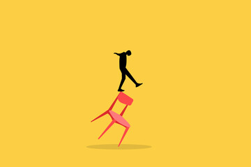 Businessman balancing himself on chair. Concept of work life balance, time management, financial planning, decision making, career success, productivity, business strategy vector illustration