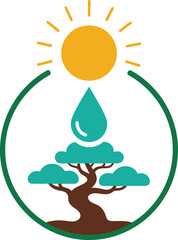 Tree Growing Under Sun and Water Drop Symbolizing Nature.