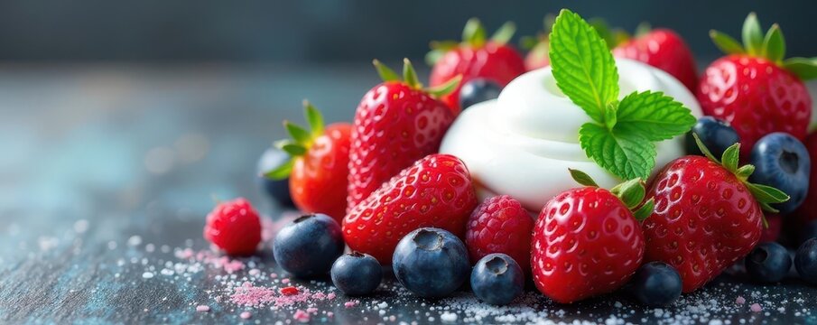 Fresh mixed berries with mint leaves and cream , Fruit, Berries