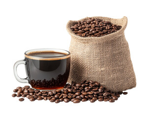 Naklejka premium A Rich Cup of Freshly Brewed Coffee Surrounded by Coffee Beans and a Burlap Bag Full of Premium Roasted Coffee Beans on transparent background