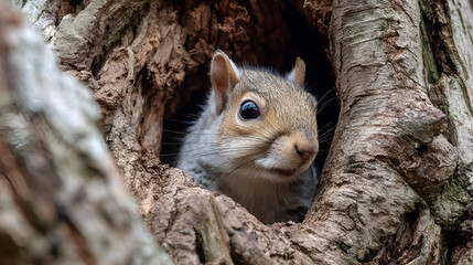 A curious squirrel peeking out from a tree hollow, showcasing its playful nature.