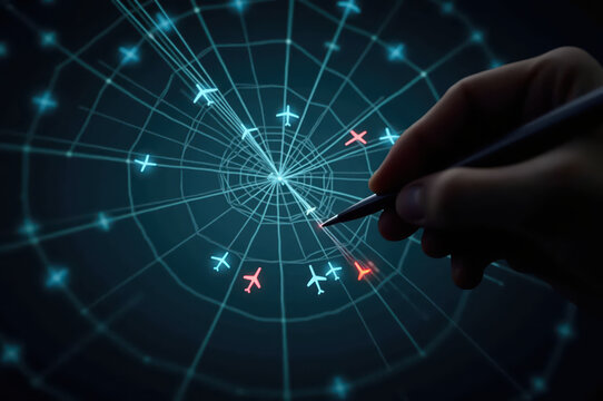 Air traffic control radar screen flight path aviation navigation aircraft control room airspace monitoring safety focus. Hand draws route radar screen with glowing aircraft icons, dynamic