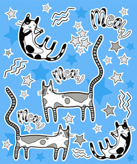 A set of stickers with cute cats and stars with inscriptions on a colored blue background. Vector.