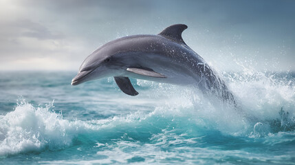 Fototapeta premium A dolphin leaps gracefully above the ocean waves under a cloudy sky.