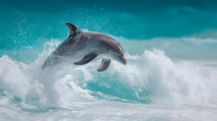 Fototapeta premium A dolphin leaps gracefully from the ocean waves under a bright blue sky.