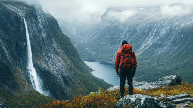 A person stands on a rocky outcrop overlooking a stunning valley. The view features a majestic waterfall cascading down the cliffs, surrounded by lush green forest and a serene lake.