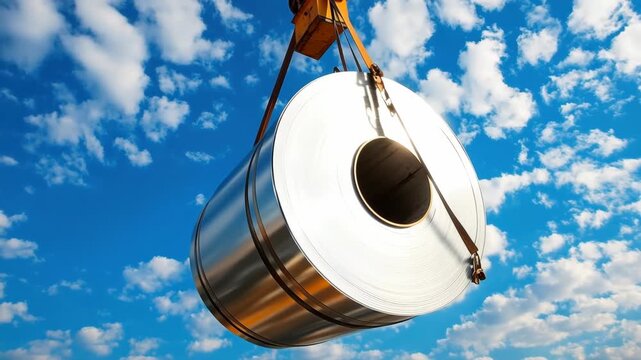 A large steel coil is suspended mid-air by a crane against a clear blue sky with fluffy clouds. Heavy machinery is in action, showcasing industrial work in progress.