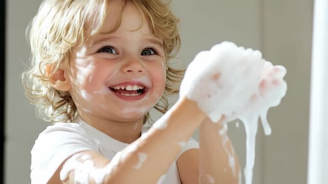 A young child smiles while playing with soap bubbles in a cheerful bathroom setting. The joy is evident as the child enjoys the fun of washing hands and playing with foam.