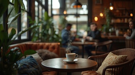A cozy coffee shop interior, showcasing a warm ambiance with steaming coffee and blurred figures, highlighting the inviting atmosphere.