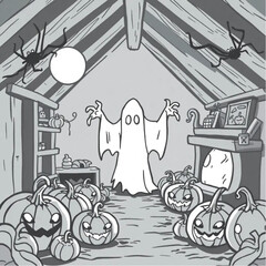 A ghoul emerging from the fog in a spider-infested attic surrounded by cursed pumpkins.