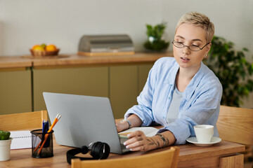 Young woman enjoying a creative moment at home while working on her laptop