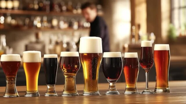 Experience the rich variety of craft beers displayed in different glasses. Each beer showcases unique colors and flavors. A skilled bartender prepares drinks with care.