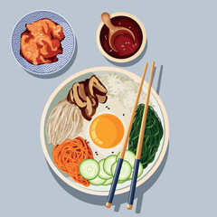 A captivating vector square poster featuring a delicious lunch or breakfast meal rendered in an authentic Asian style. This minimalist and appetizing design is perfect for restaurant menus, food blogs
